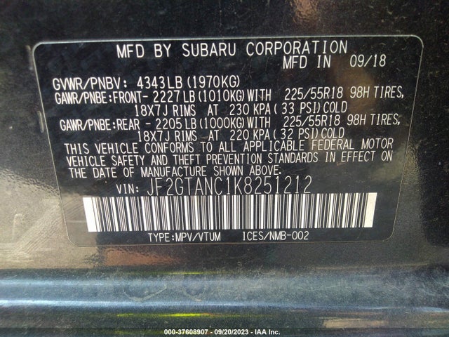 Aukcja sprzedaży 2019 Subaru Crosstrek Limited, vin: JF2GTANC1K8251212, numer aukcji: 37608907