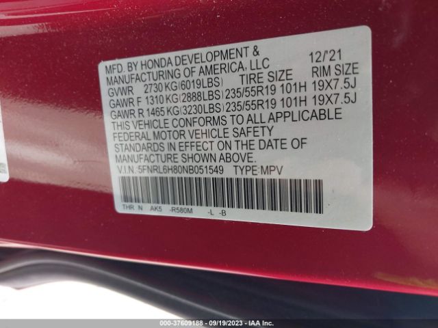 5FNRL6H80NB051549 Honda Odyssey Touring