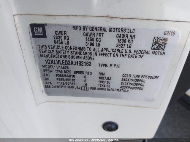 2010 GMC ACADIA SLE VIN: 1GKLVLED2AJ192162