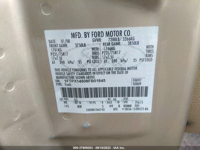 2008 FORD F-150 XLT/FX4/LARIAT/XL VIN: 1FTPX14508FB01845