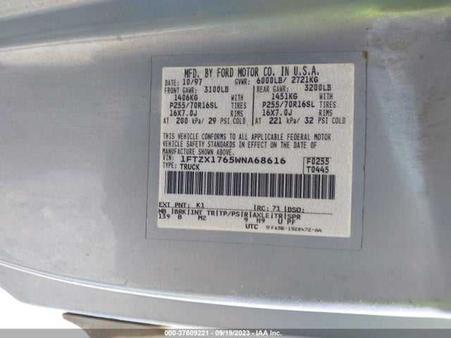 1998 FORD F-150 VIN: 1FTZX1765WNA68616