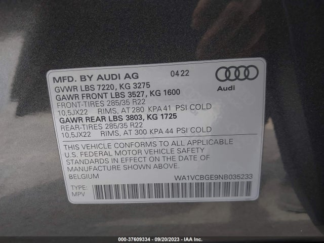 2022 Audi e-tron, VIN: WA1VCBGE9NB035233