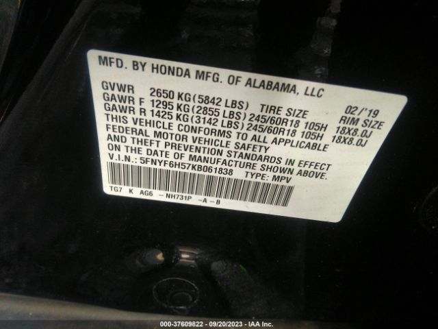 5FNYF6H57KB061838 Honda Pilot Ex-l