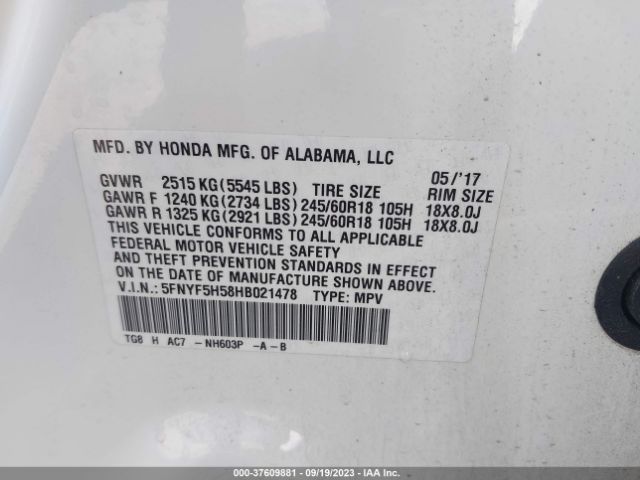 5FNYF5H58HB021478 Honda Pilot Ex-l