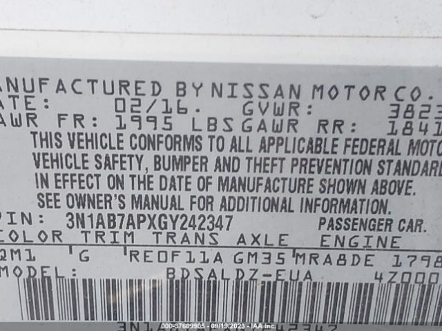 3N1AB7APXGY242347 Nissan Sentra Sr/sl/s/sv/fe+ S