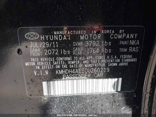 2012 Hyundai Elantra Gls (ulsan Plant) მანქანა იყიდება აუქციონზე, vin: KMHDH4AE5CU260219, აუქციონის ნომერი: 37610108