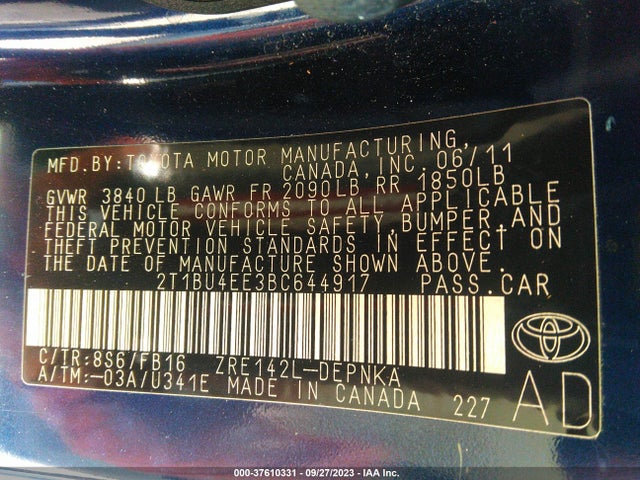 2011 TOYOTA COROLLA LE VIN: 2T1BU4EE3BC644917