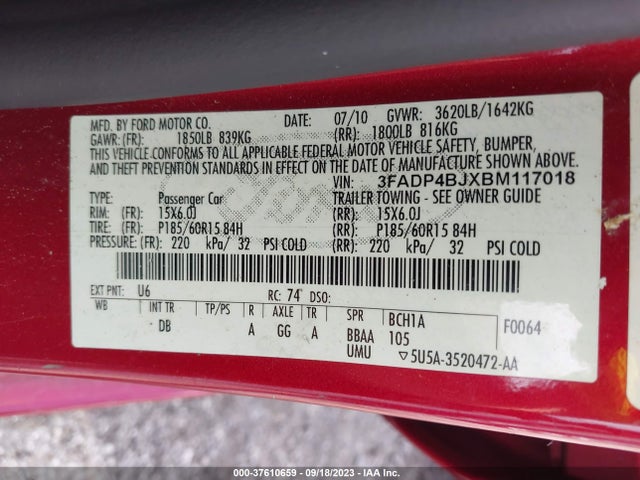 2011 FORD FIESTA SE VIN: 3FADP4BJXBM117018