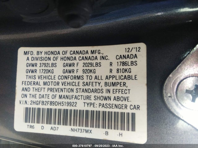 2013 HONDA CIVIC SDN EX VIN: 2HGFB2F89DH519922