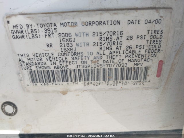 2000 TOYOTA RAV4 VIN: JT3GP10V5Y7077093