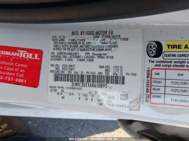 2010 LINCOLN MKZ VIN: 3LNHL2GCXAR650893