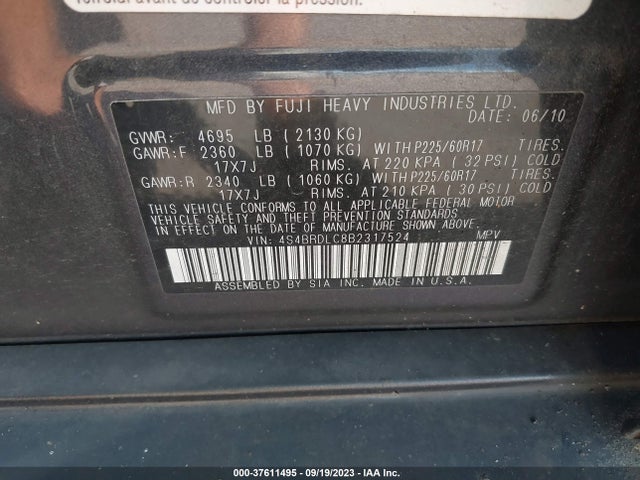 2011 SUBARU OUTBACK 3.6R LIMITED PWR MOON/NAV VIN: 4S4BRDLC8B2317524