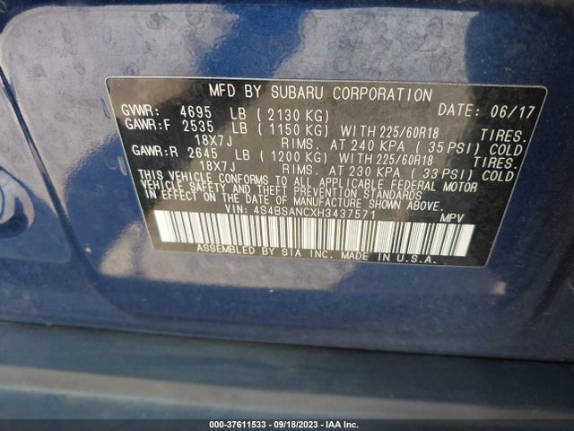 Subaru Outback Limited 2017 4S4BSANCXH3437571 Image 9