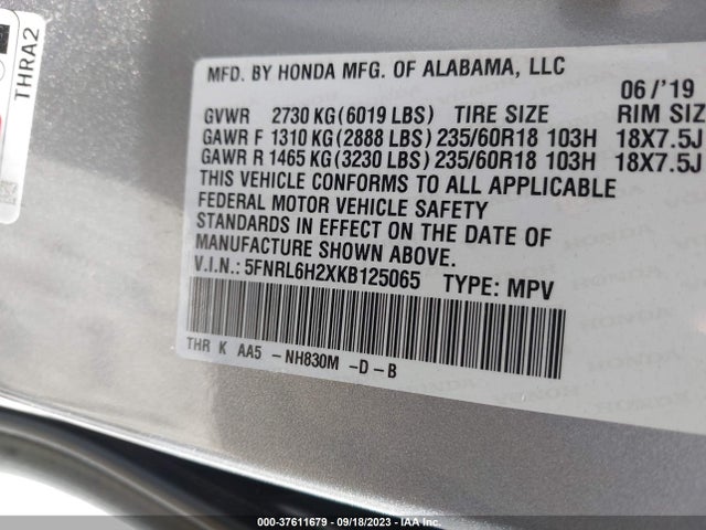 Honda ODYSSEY LX 2019 5FNRL6H2XKB125065 Image 9