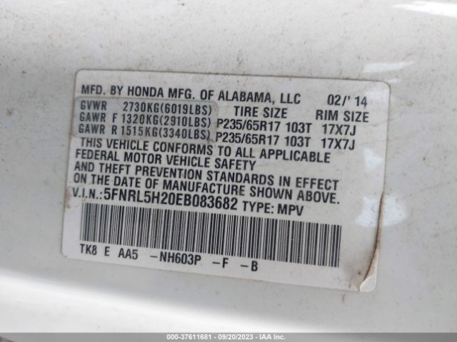 5FNRL5H20EB083682 Honda ODYSSEY LX