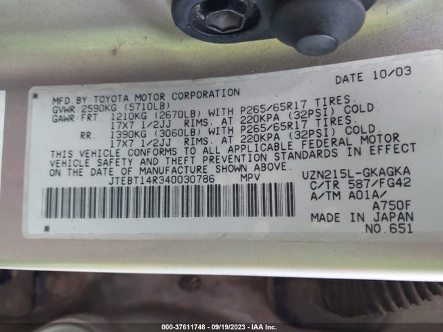 2004 TOYOTA 4RUNNER SR5 V8 VIN: JTEBT14R340030786