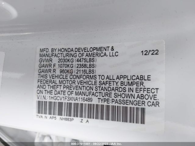 1HGCV1F3XNA116489 Honda Accord Sedan Sport