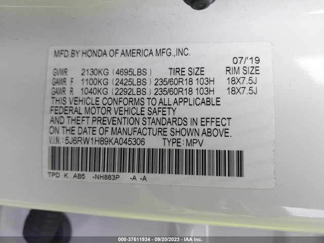Honda Cr-v Ex-l 2019 5J6RW1H89KA045306 Image 9