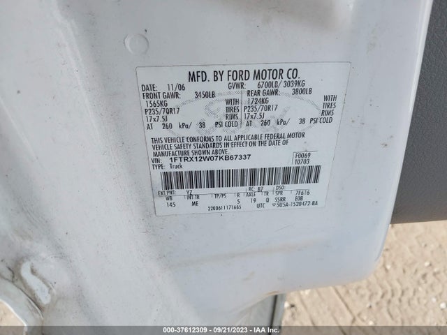 2007 FORD F-150 STX/XLT/XL/FX2 VIN: 1FTRX12W07KB67337