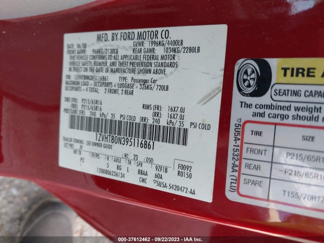 2009 FORD MUSTANG VIN: 1ZVHT80N395116861