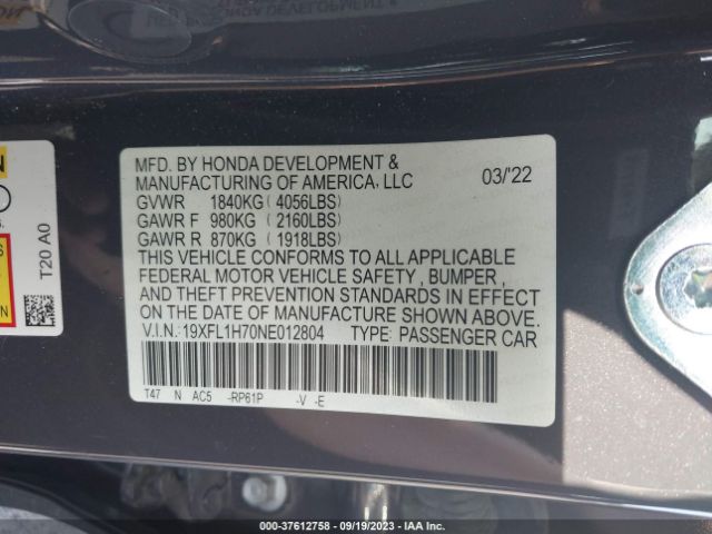 2022 HONDA CIVIC HATCHBACK 19XFL1H70NE012804 Photo 8