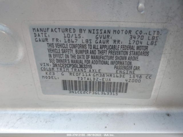 3N1CE2CP3GL363315 Nissan Versa Note S/s Plus/sv/sr/sl