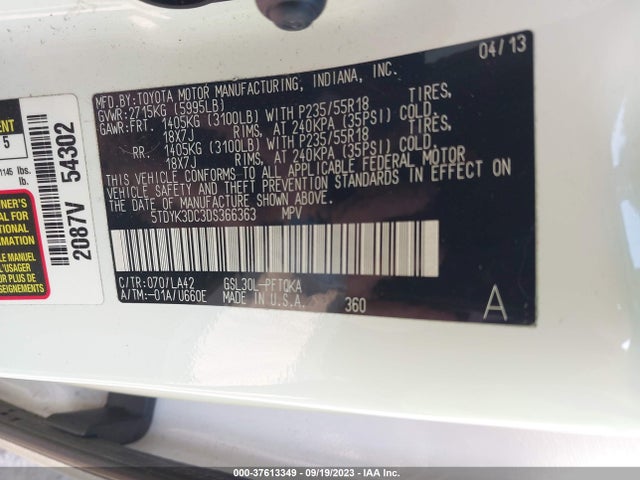 2013 TOYOTA SIENNA XLE AAS/XLE/LTD VIN: 5TDYK3DC3DS366363