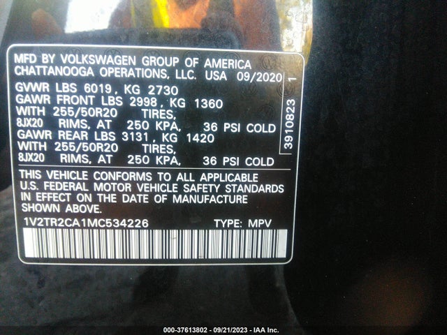 1V2TR2CA1MC534226 Volkswagen Atlas 3.6l V6 Sel Premium