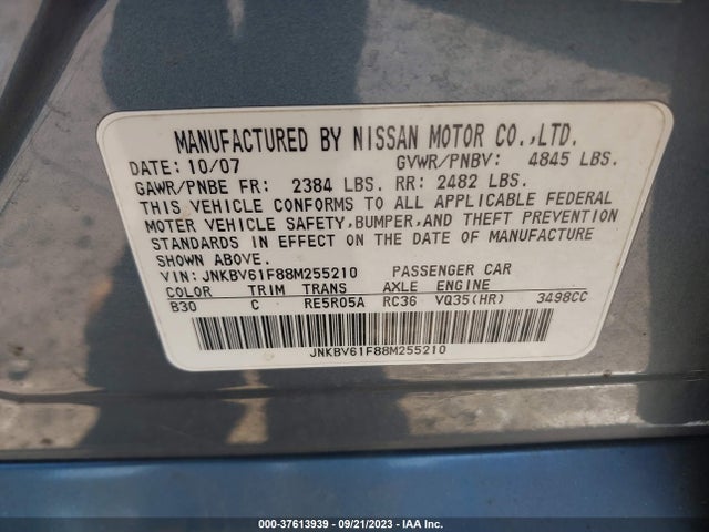 37613939 :رقم المزاد ، JNKBV61F88M255210 vin ، 2008 Infiniti G35 Sedan X مزاد بيع