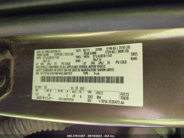 1FTFW1EF8FKE38757 Ford F-150 Xlt W