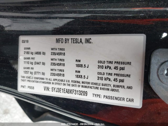 2019 Tesla 3, VIN: 5YJ3E1EA8KF313209