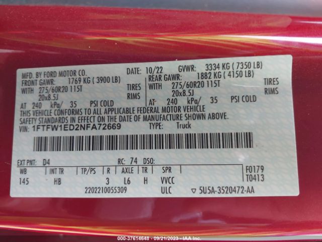 1FTFW1ED2NFA72669 Ford F-150 Lariat