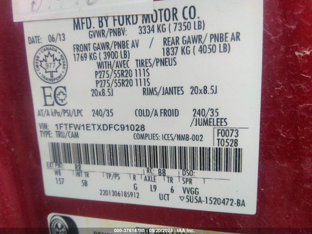 2013 FORD F-150 XL/XLT/FX4/LARIAT VIN: 1FTFW1ETXDFC91028