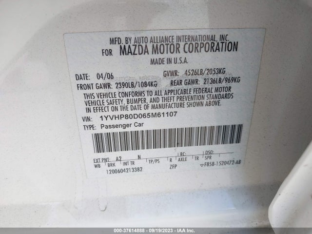 2006 MAZDA MAZDA6 S VIN: 1YVHP80D065M61107