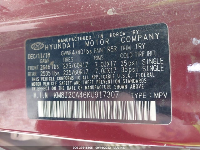 2019 HYUNDAI TUCSON SE VIN: KM8J2CA46KU917307