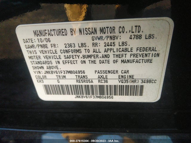 2007 INFINITI G35X VIN: JNKBV61F37M804956
