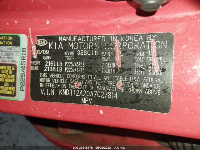 37615378 :رقم المزاد ، KNDJT2A20A7027814 vin ، 2010 Kia Soul Sport مزاد بيع