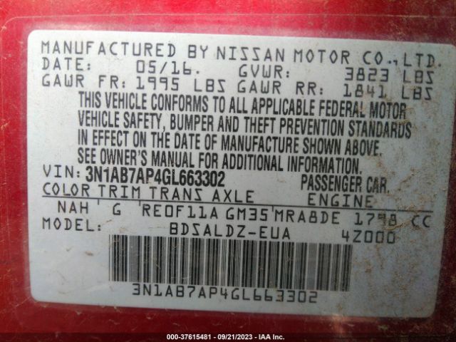 3N1AB7AP4GL663302 Nissan Sentra Sr/sl/s/sv/fe+ S