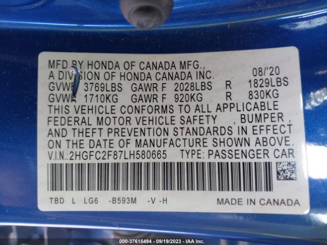 2HGFC2F87LH580665 Honda Civic Sedan Sport