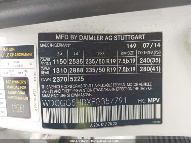 WDCGG5HBXFG357791 Mercedes-Benz Glk-class Glk 350
