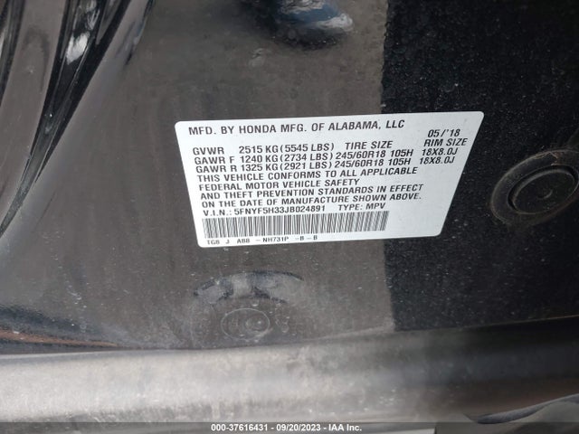 Honda Pilot Ex 2018 5FNYF5H33JB024891 Image 9