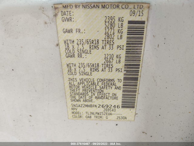 2015 NISSAN MURANO S VIN: 5N1AZ2MH8FN269246