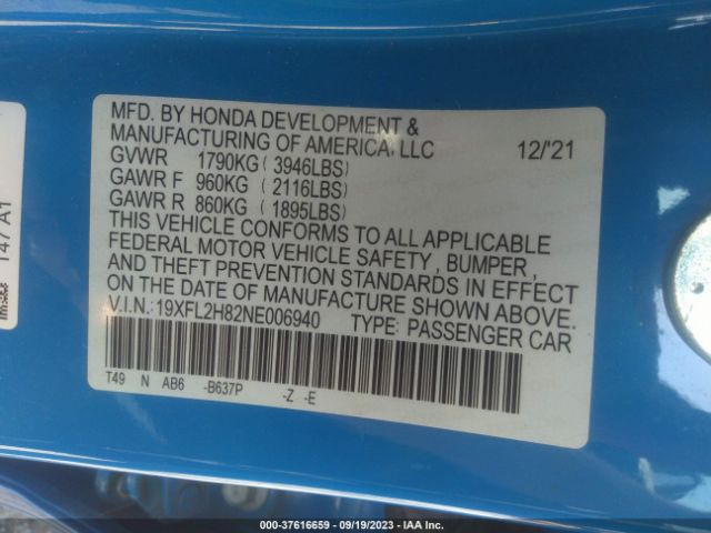 19XFL2H82NE006940 Honda Civic Hatchback Sport