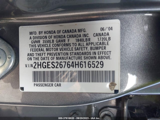 2004 HONDA CIVIC EX VIN: 2HGES26764H616529