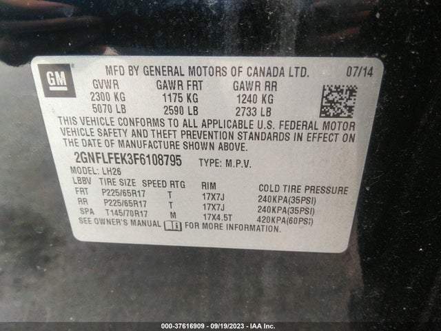 Chevrolet EQUINOX 1LT 2015 2GNFLFEK3F6108795 Image 9