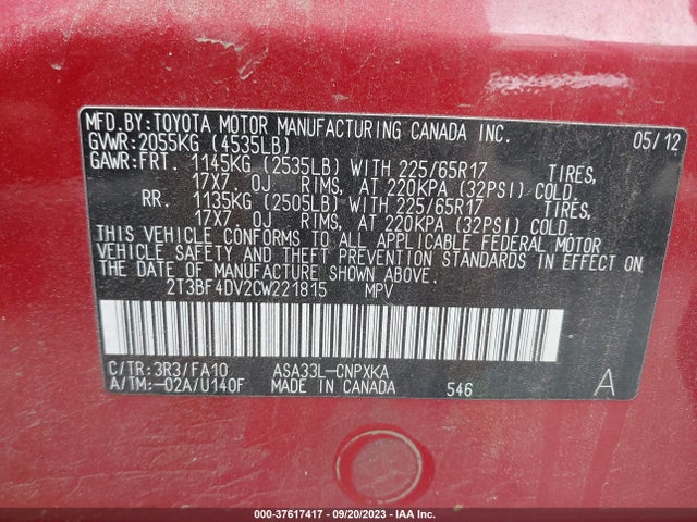 2012 TOYOTA RAV4 VIN: 2T3BF4DV2CW221815