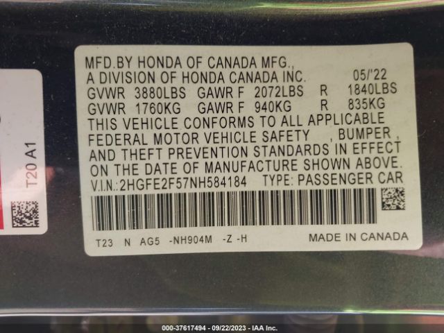 2HGFE2F57NH584184 Honda Civic Sedan Sport