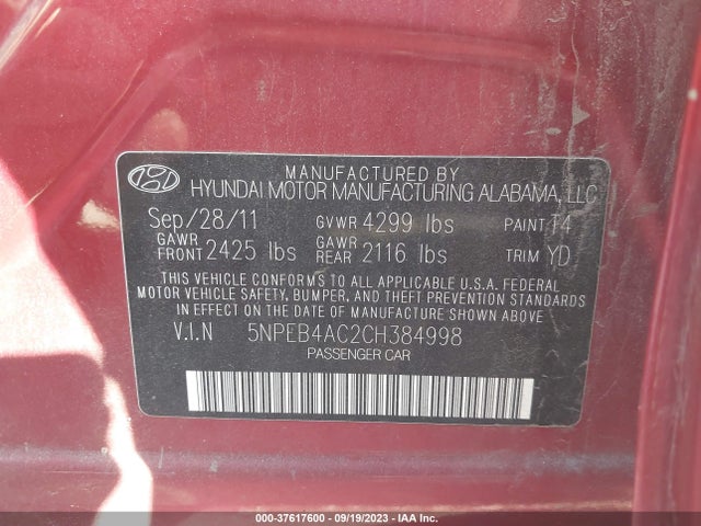 2012 HYUNDAI SONATA GLS PZEV VIN: 5NPEB4AC2CH384998