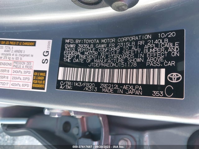 2021 TOYOTA COROLLA LE VIN: JTDEPMAE0MJ151178