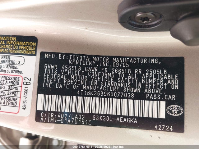 2006 TOYOTA AVALON XL/TOURING/XLS/LIMITED VIN: 4T1BK36B96U077038